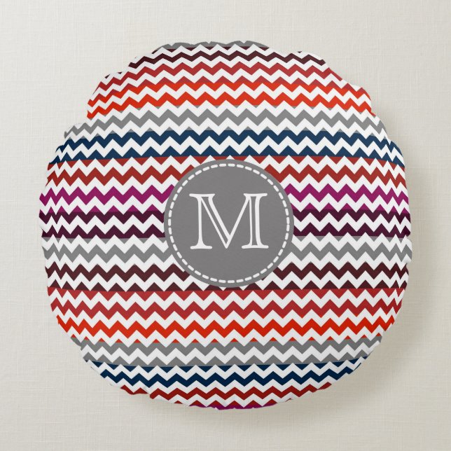 Red White Grey Chevron Zigzag Monogram Round Cushion (Front)