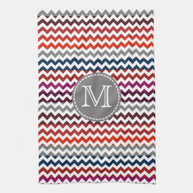 Red White Grey Chevron Zigzag Monogram Tea Towel (Vertical)