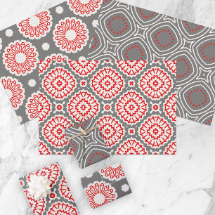 Red White Grey Ethnic Mosaic Geometric Patterns Wrapping Paper Sheet