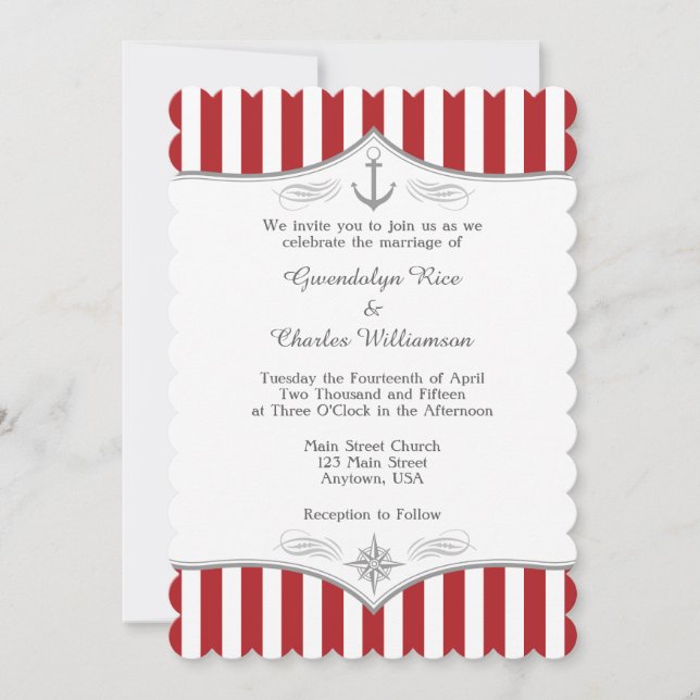 Red White Grey Nautical Wedding Invitation (Front)