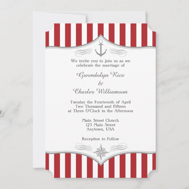 Red White Grey Nautical Wedding Invitation (Front)