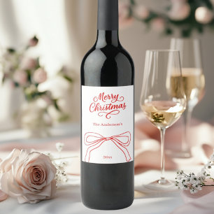 Red white hand-drawn bow Christmas Wine Label