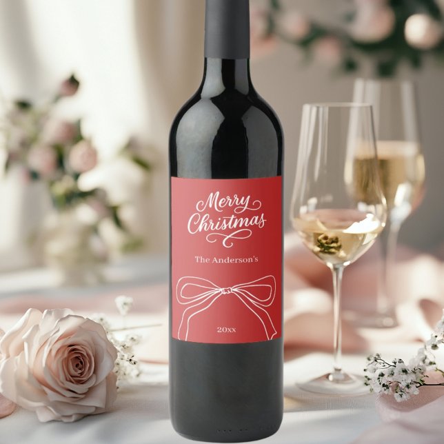 Red white hand-drawn bow Christmas Wine Label (Creator Uploaded)