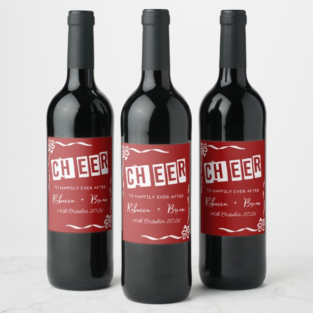 Red & White Hand Drawn Bow Sketch Wedding Wine Label (Bottles)