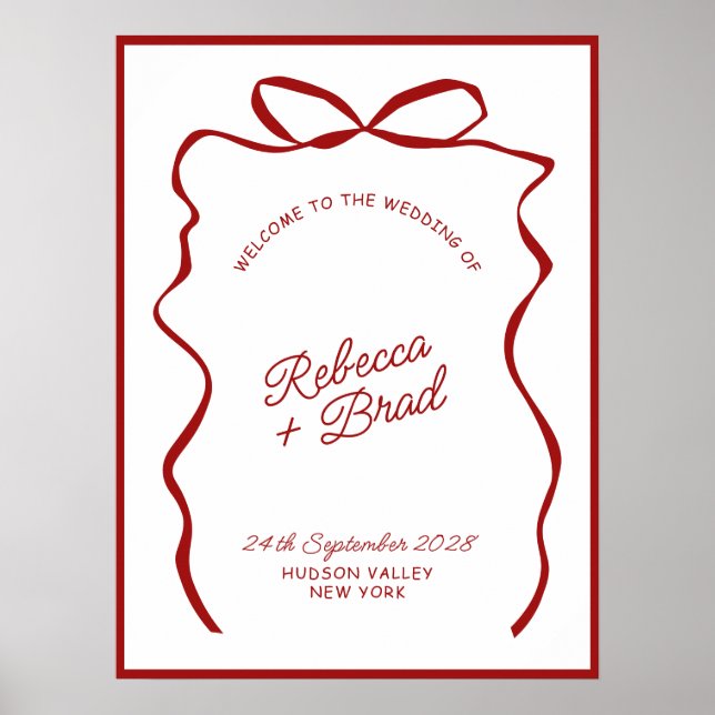 Red & White Hand Drawn Bow Wedding Welcome Sign (Front)
