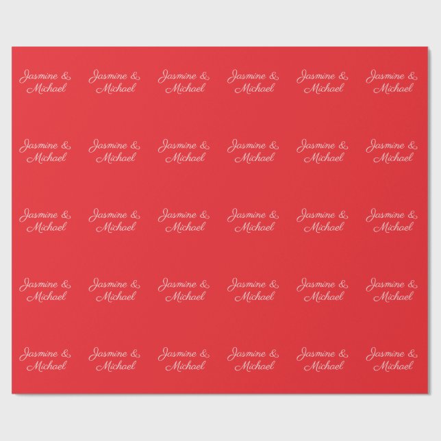 Red & White Handwriting Couple Names Wedding Wrapping Paper (Flat)