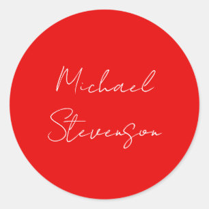 Red White Handwritten Minimalist Your Name Classic Round Sticker