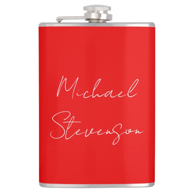 Red White Handwritten Minimalist Your Name Hip Flask (Front)