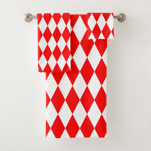 Red White Harlequin Diamonds Checkers Design Bath Towel Set