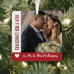 Red White Heart 1st Christmas Mr & Mrs Photo Metal Tree Decoration<br><div class="desc">Celebrate your first Christmas as Mr & Mrs with this romantic square metal ornament personalised with your wedding photos,  one on either side,  and your new shared last name in a simple yet romantic design in red and white with a heart.</div>