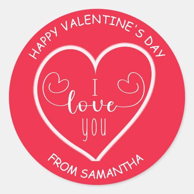 Red White Heart I Love You Happy Valentine's Classic Round Sticker (Front)