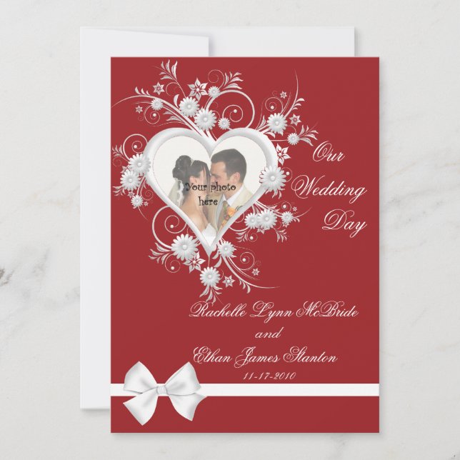 Red & White Heart Wedding Photo Invitations 5x7 (Front)