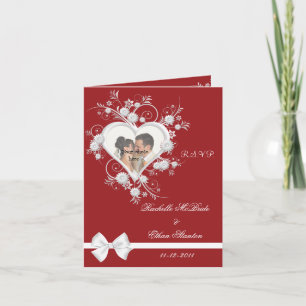 Red & White Heart Wedding Photo RSVP Note Cards