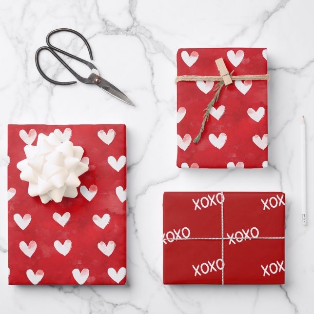 Red White Hearts Love Valentine's day Wrapping Paper Sheet (Front)