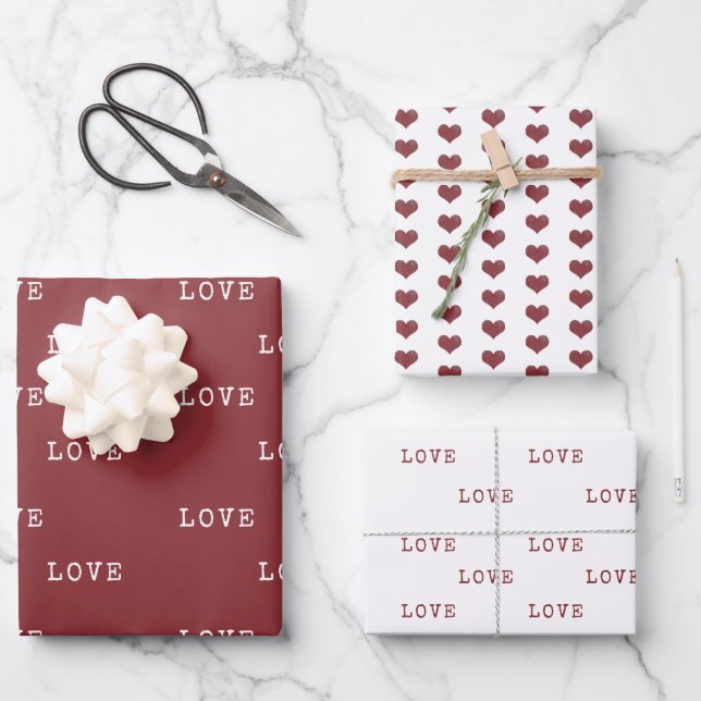 Red & White Hearts Modern Love Valentine's Day Wrapping Paper Sheet (Front)