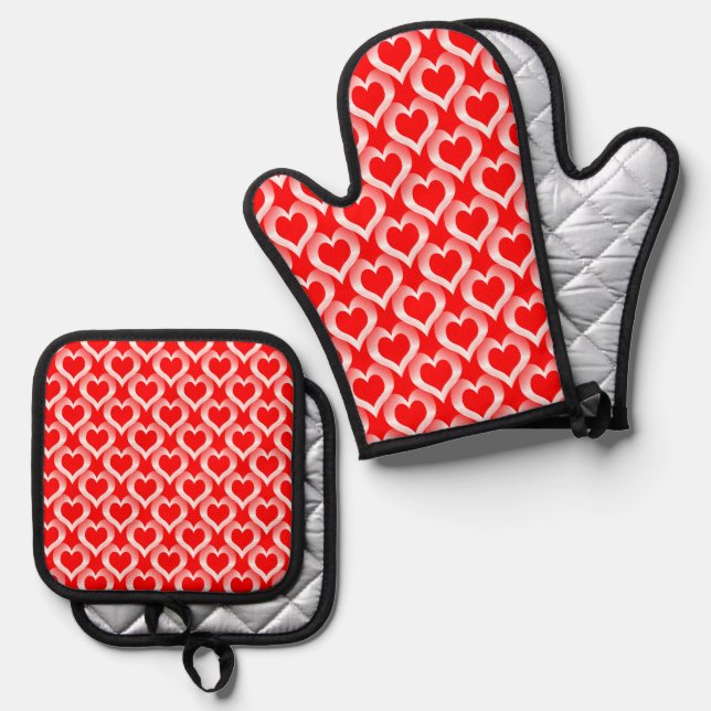 Red White Hearts Pattern Oven Mitt & Pot Holder Set (Front/Back)