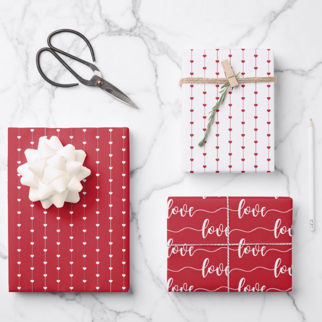 Red & White Hearts Script Love Valentine's Day Wrapping Paper Sheet (Front)