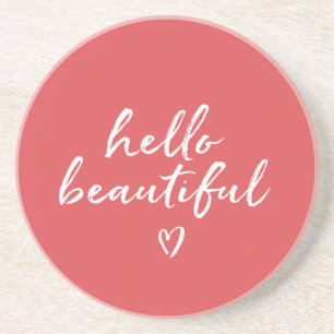 Red White Hello Beautiful Inspirational Heart Coaster