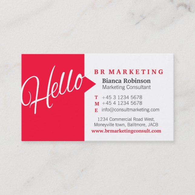 Red & white hello speech quote business card (Front)