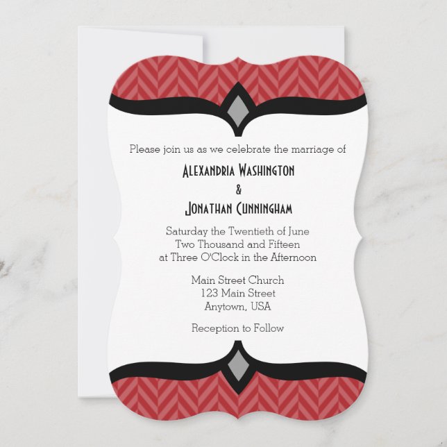 Red White Herringbone Wedding Invitation (Front)