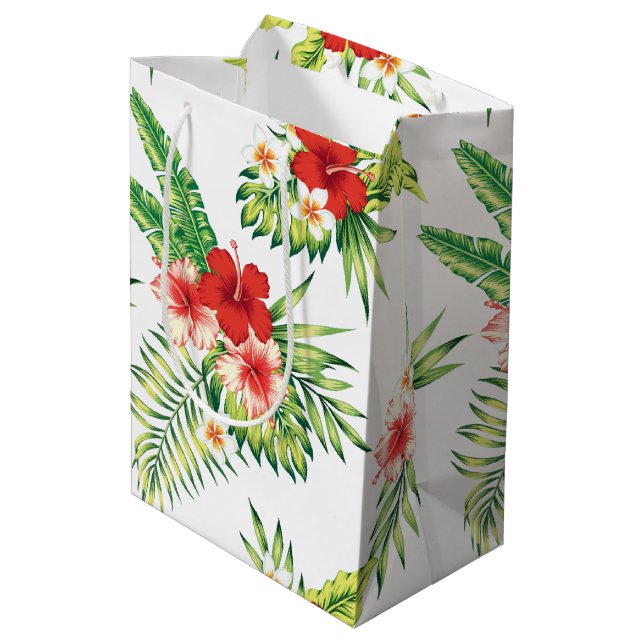 Red & White Hibiscus Tropical Pattern Medium Gift Bag (Back Angled)