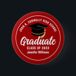Red White High School Graduate Custom Name Tag 6 Cm Round Badge<br><div class="desc">This modern red and white custom senior graduate button features classy white typography of your high school or college name for the class of 2026. Customize with your graduating year under the chic black handwritten script and black grad cap for a great personalized graduation name tag for a party or...</div>
