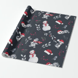 Red & White Holiday Penguins & Snowmen Charcoal Wrapping Paper