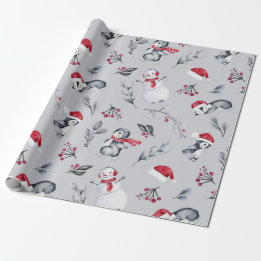 Red & White Holiday Penguins & Snowmen Silver Wrapping Paper
