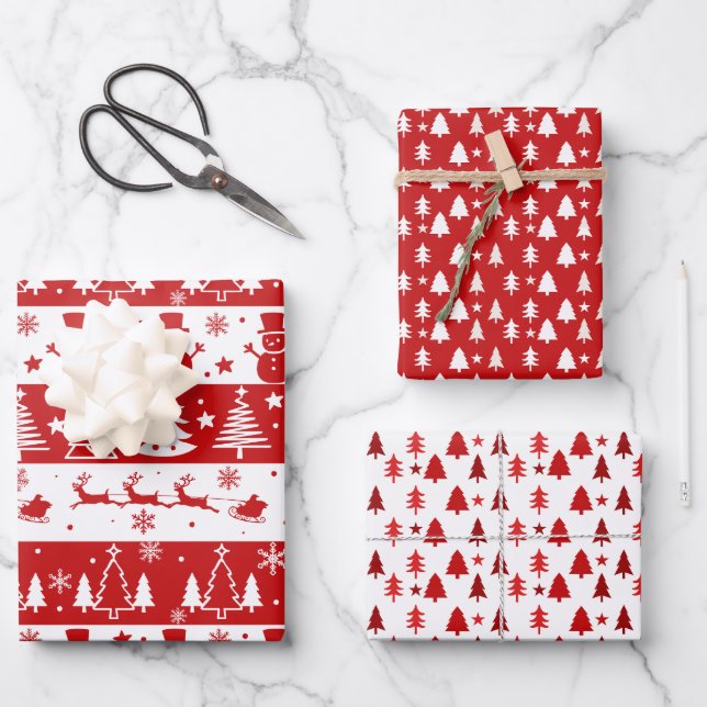 Red White Holiday Trees, Sleigh, and Snowmen Wrapping Paper Sheet (Front)