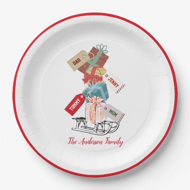 Red White Holiday Whimsical Family Christmas Paper Plate (Front)