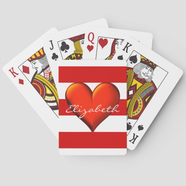 Red White Horiz Stripe Red Metallic Heart Monogram Playing Cards (Back)