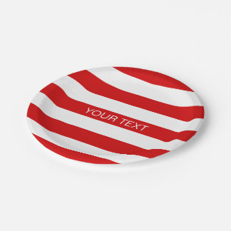 Red White Horizontal Preppy Stripe Name Monogram Paper Plate