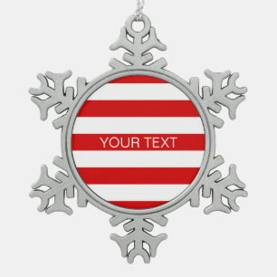 Red White Horizontal Preppy Stripe Name Monogram Snowflake Pewter Christmas Ornament