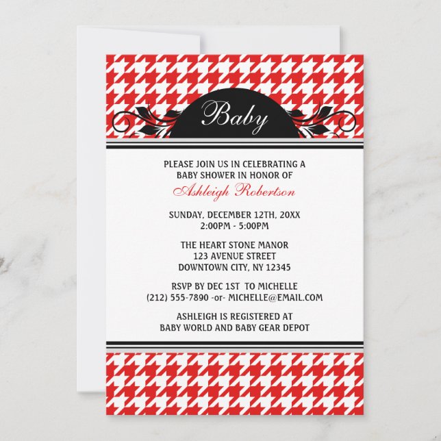 Red & White Houndstooth Baby Shower Invitations (Front)