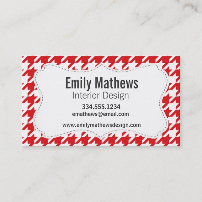 Red & White Houndstooth Pattern Business Card (Front)