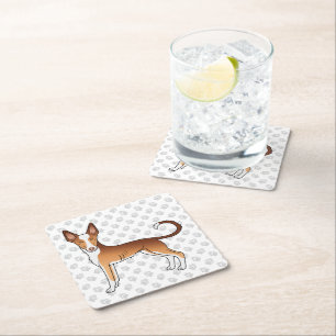 Red & White Ibizan Hound Smooth Coat Dog And Paws Square Paper Coaster