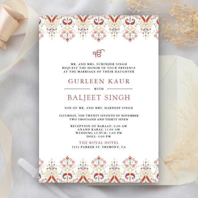 Red White Ikat Anand Karaj Sikh Wedding Invitation (Creator Uploaded)