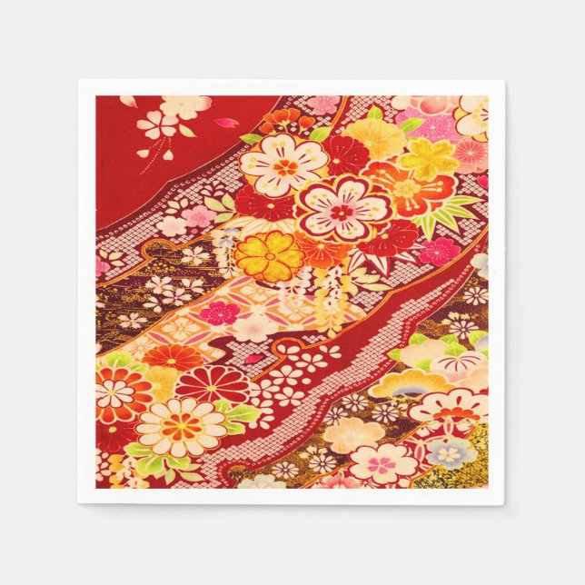 Red White Japanese Kimono Floral Decoupage Paper Napkin (Front)