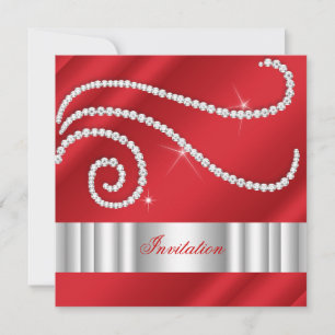 Red White Jewel Diamonds Silver Birthday Invitation