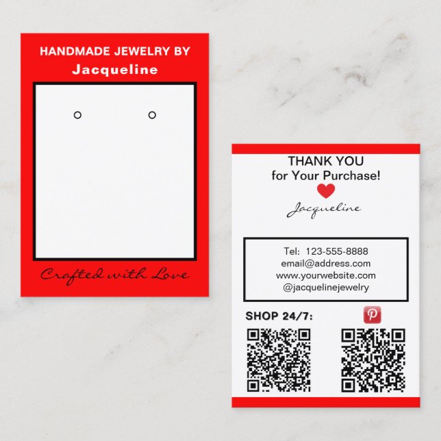 Red White Jewelry Earrings Display QR Codes Business Card (Front/Back)