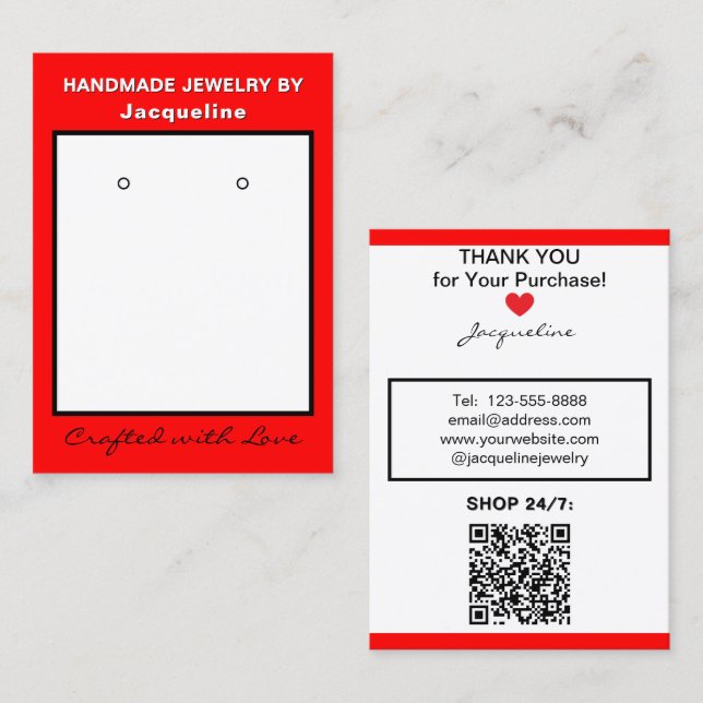 Red White Jewelry Earrings Website QR Code Business Card (Front/Back)