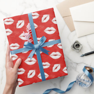 Red White Kiss Lips Flirty Love Valentine's day Wrapping Paper