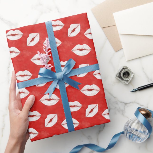 Red White Kiss Lips Flirty Love Valentine's day Wrapping Paper (Gifting)