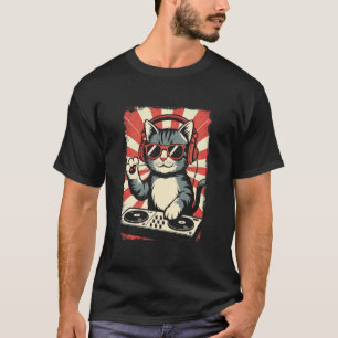 Red White Kitten DJ on Turntables EDM Synthesizer T-Shirt