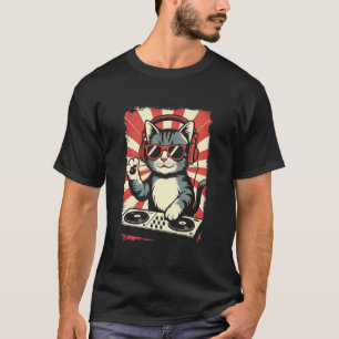 Red White Kitten DJ on Turntables EDM Synthesizer T-Shirt