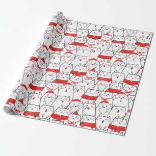 Red White Kitty Cats Floral Christmas Holiday Gift Wrapping Paper
