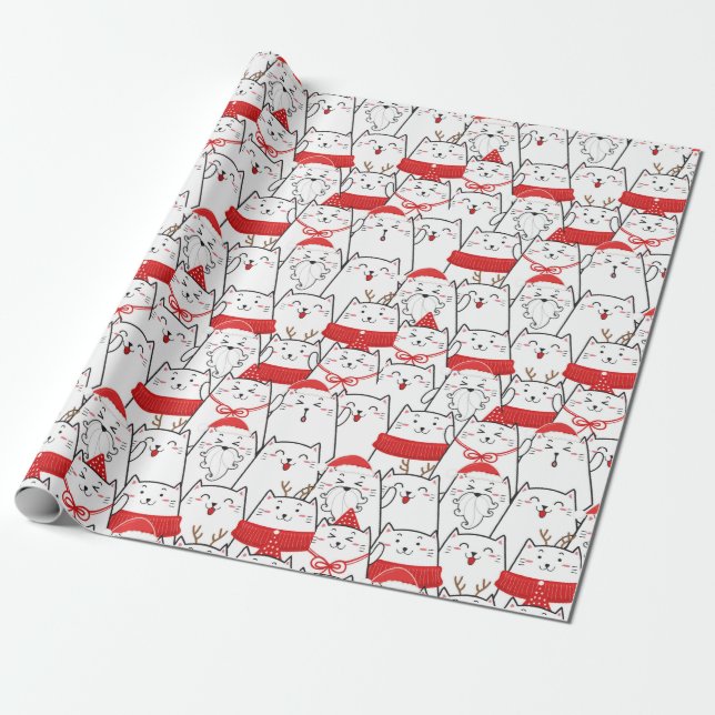Red White Kitty Cats Floral Christmas Holiday Gift Wrapping Paper (Unrolled)