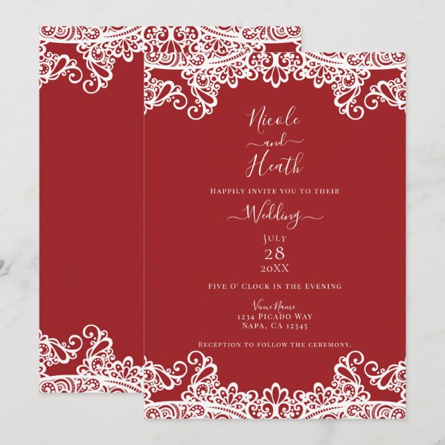 Red & White Lace Masquerade Elegant Wedding Invitation (Front/Back)