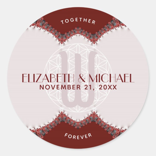 Red & White Lace Monogram Wedding Classic Round Sticker (Front)