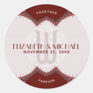 Red & White Lace Monogram Wedding Classic Round Sticker